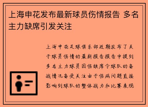 上海申花发布最新球员伤情报告 多名主力缺席引发关注